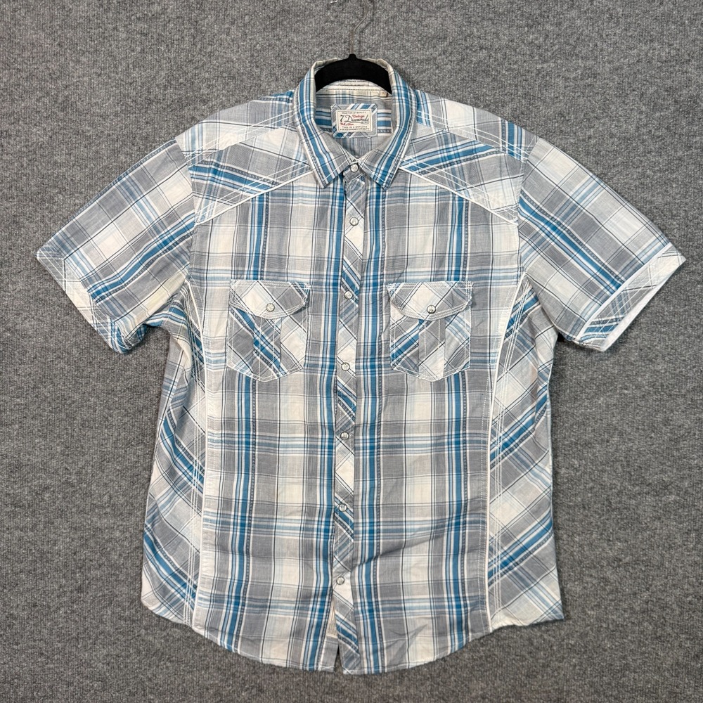 7 Diamonds Shirt Mens Large Blue Plaid Short Sleeve Button Up Casual Lightweight